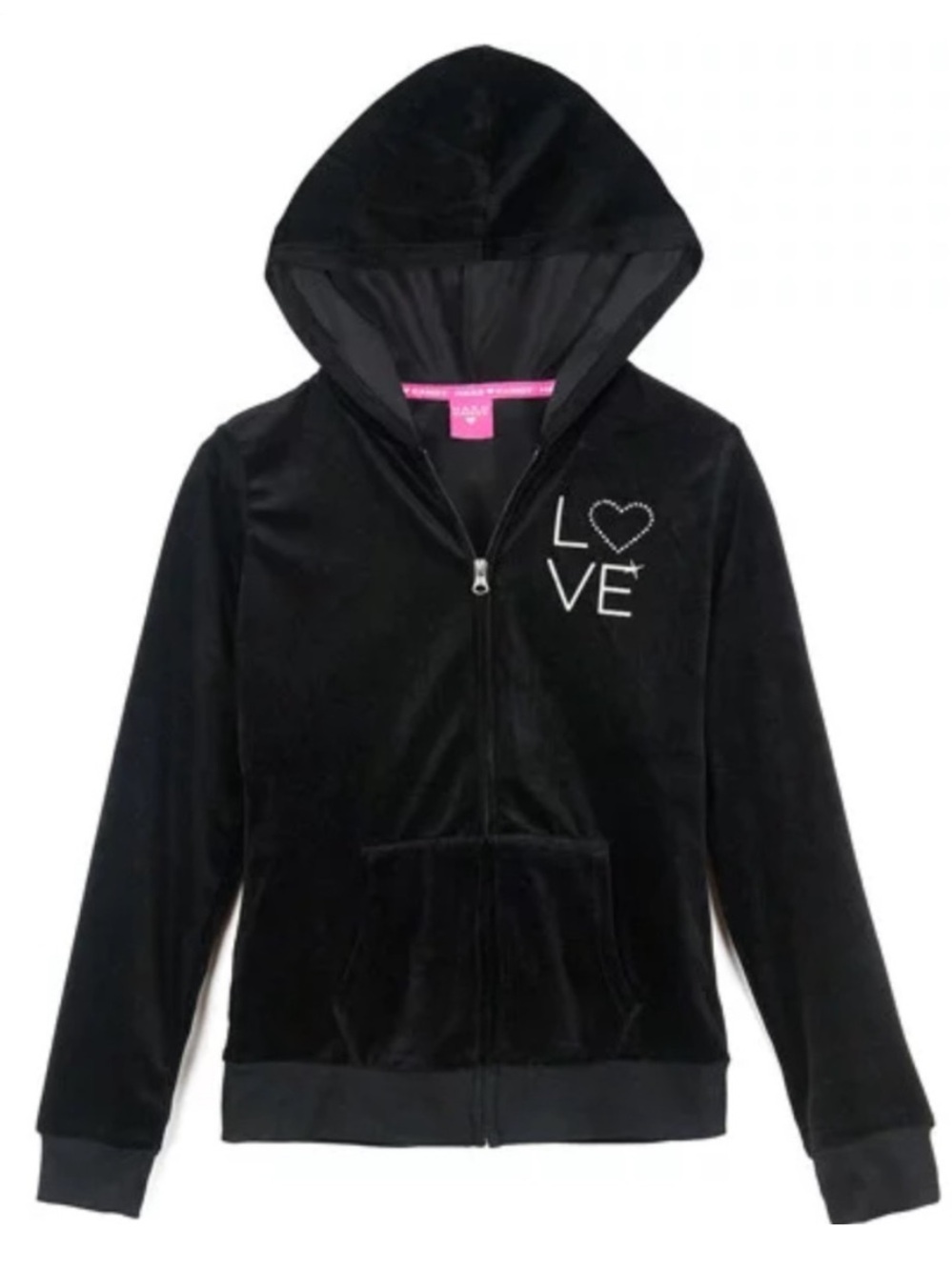Hard Candy Black Velour Full Zip Love Hoodie Sweatshirt Size Small